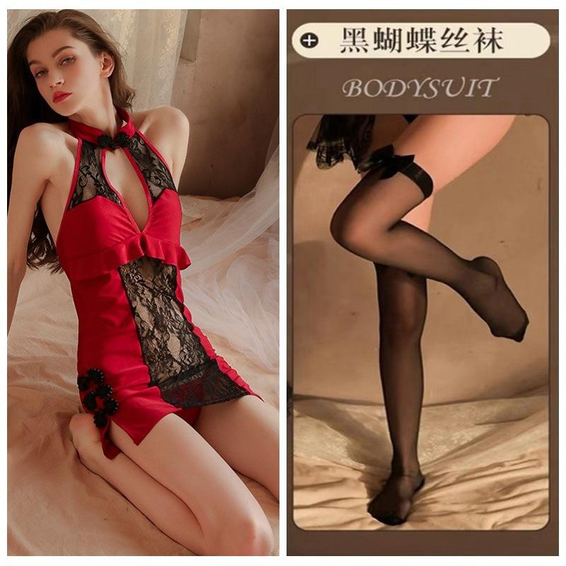Sexy Lace Seduction Deep V Vintage Cheongsam Pajamas Hot Uniform Seduction Set