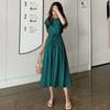 Summer Korean Style New Solid Artistic Student Waist Hugging round Neck Loose Mid-Length Sleeveless Dress Women Dress