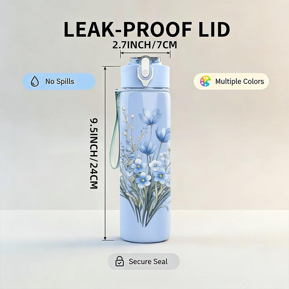 1PC Dried Blue Lavender Bouquet Print 750ml Color Plastic Sports Water Bottle Leakproof Flip Straw Lid Suitable for Sports Office Home Use