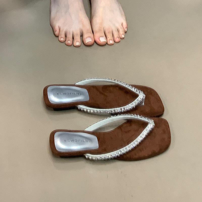

Summer new women s shoes 2025 square head rhinestone toe flip-flops fashionable rear thin heel high heel sandals 40 срібний