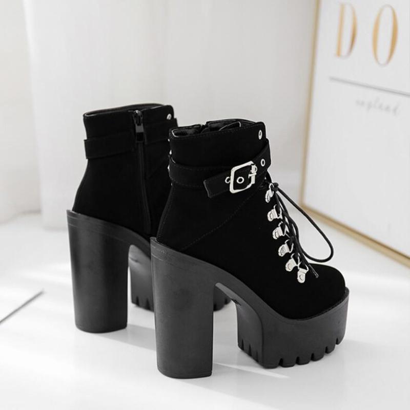 Lace Up Women Boots Platform Buckle Boot Winter Shoes Thick Heel Autmn Boots With Zipper Ankle Strap Black Suede