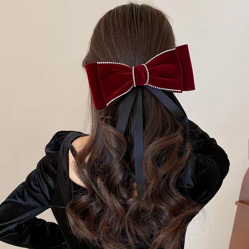 Fashion Retro Rhinestone Velvet Bow Ribbon Hairpin For Woman Temperament Back Of The Head Hair Clips New Year Hair Accessories