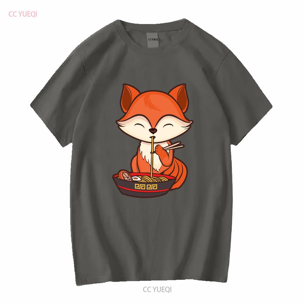 Fox Eating Ramen Kawaii T Shirt Japanese Cute Lovely Long or Short Sleeves Vintage Washed Unisex Casual Slightly Versatile