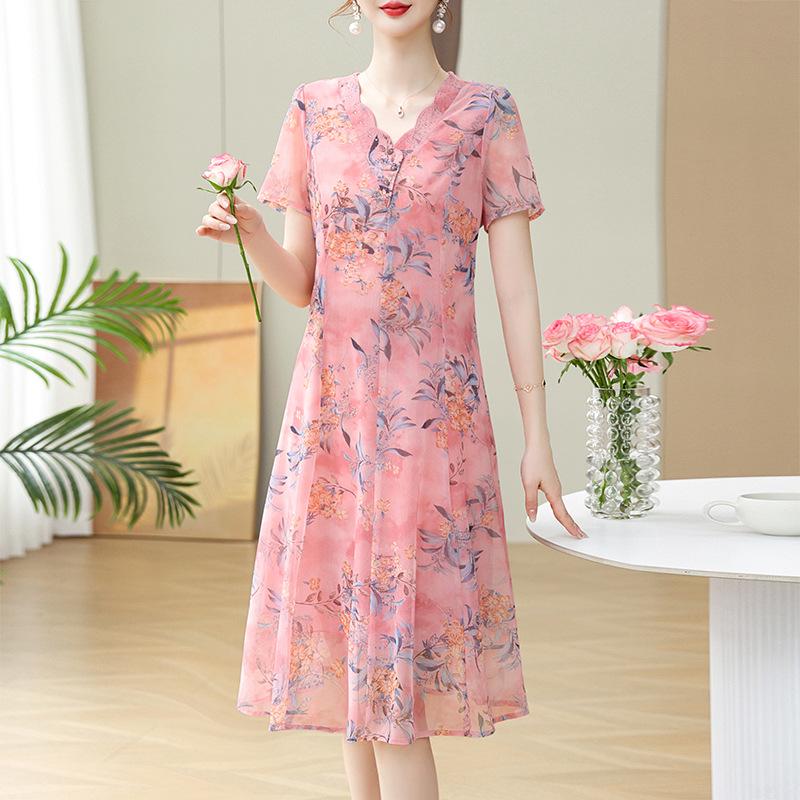Chiffon Summer Midi Dress for Mothers: Stylish 2026 Short-Sleeve Slimming Fit Skirt