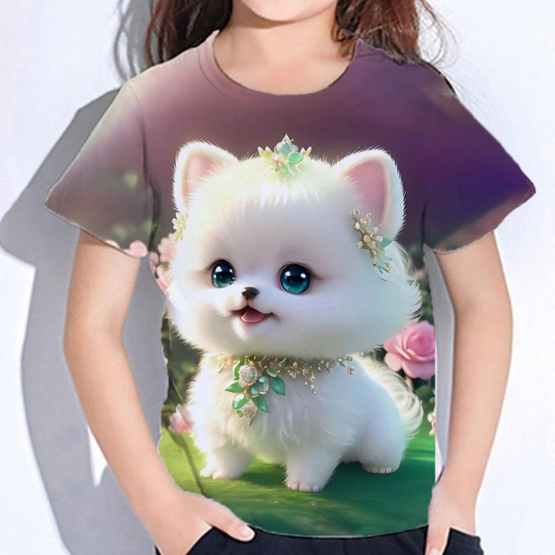 Detské Oblečenie Blúzka pre Dievčatá Kawaii Mačička Krátky Rukáv Tričko Potlač Chlapčenské Oblečenie Polyester Dievčenské Tričko Detské Tričko
