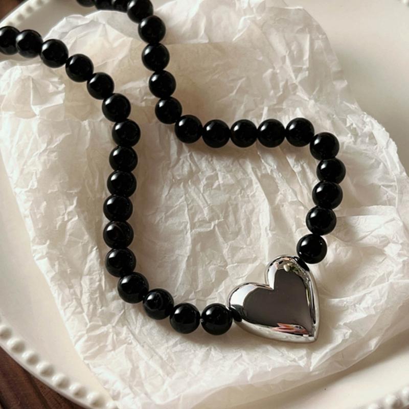 Black Beaded Necklace Heart Pendant Choker Chain Necklace Beads Choker Party Accessories Gift for Men Women Girlfriends