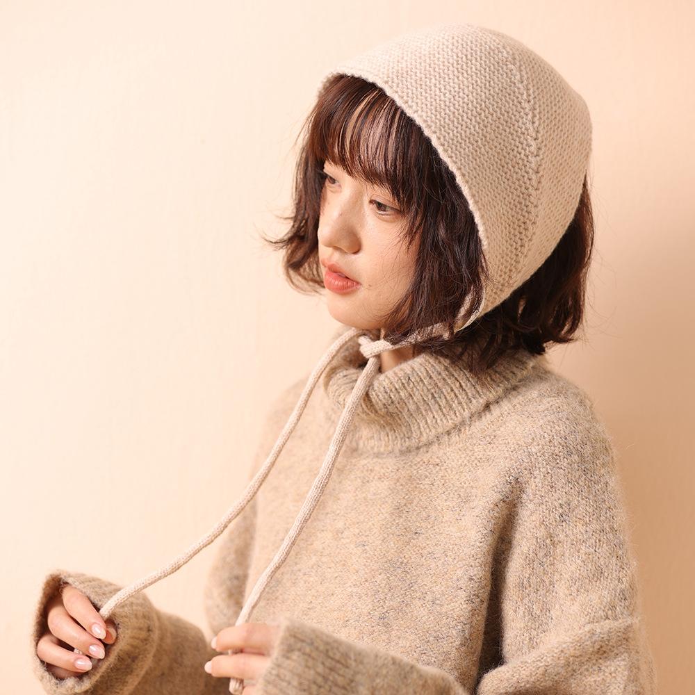 Autumn and winter women's red knitted ear protection headscarf, new female student warm fashion versatile ear protection hat scarf