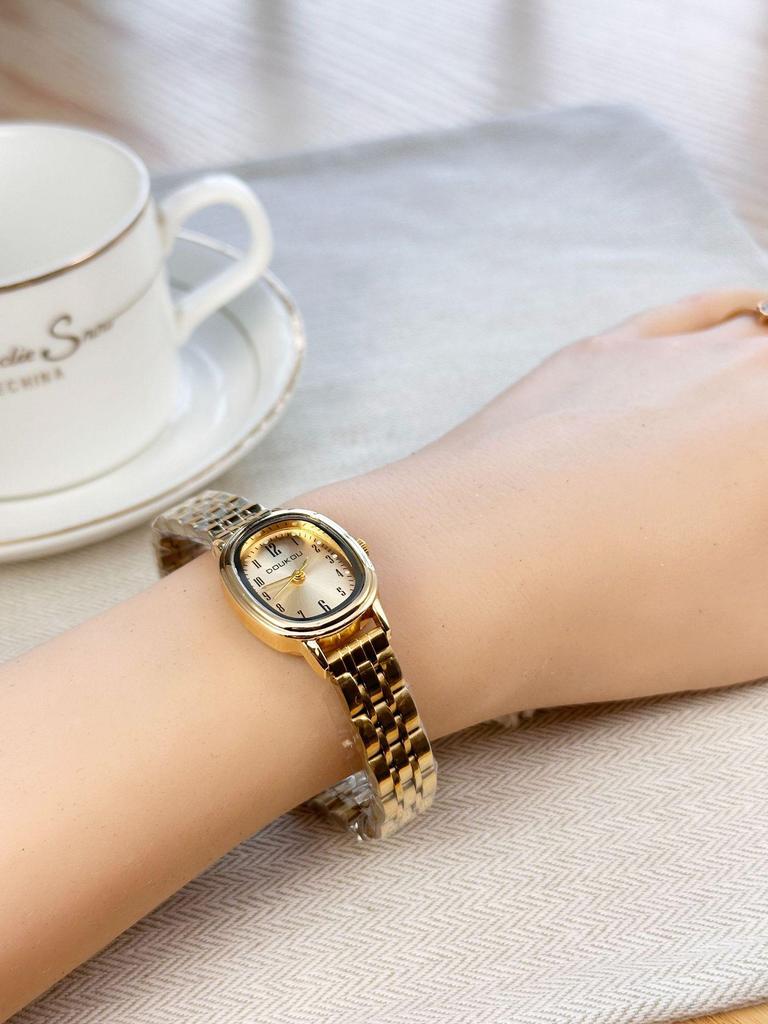 Women's Minimalist Quartz Watch with Elliptical Dial and Digital Markers, Steel Band, Small Wristwatch