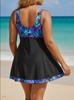 Plus Size European & American Two-Piece Swimsuit: Blue Leaf Print Tankini with Swim Skirt & Patchwork Briefs
