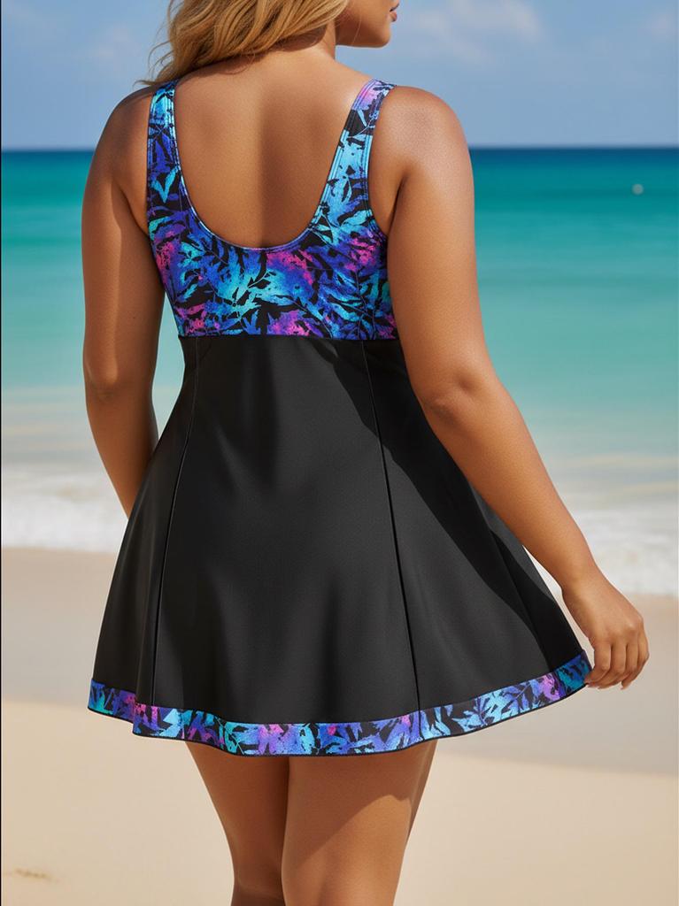 Plus Size European & American Two-Piece Swimsuit: Blue Leaf Print Tankini with Swim Skirt & Patchwork Briefs