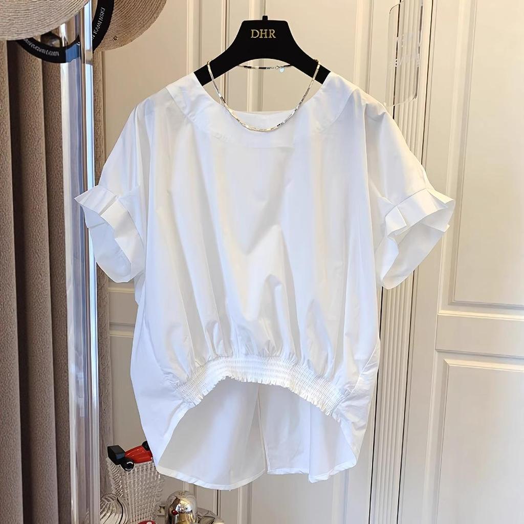 Summer High-End Designer Niche Hem Elastic Short Sleeve Women's Bow Top