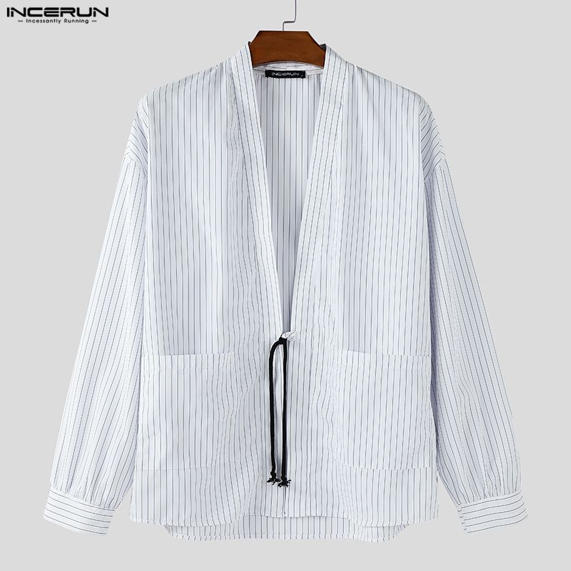 INCERUN S-5XL Men Long Sleeve Striped Open Front Cardigan Kimono Tops