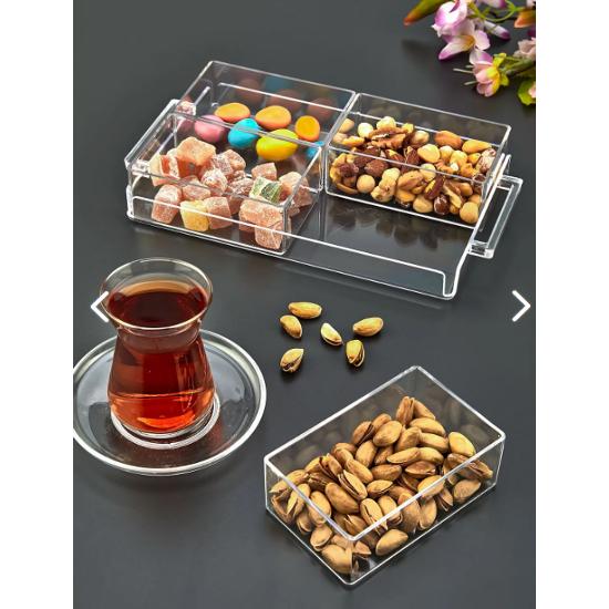 

4 Kaseli Kristal Kulplu Sunum Tepsisi Çerezlik