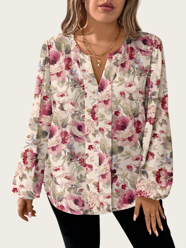 Plus Size Retro Floral V-neck Lantern Sleeve Chiffon Blouse