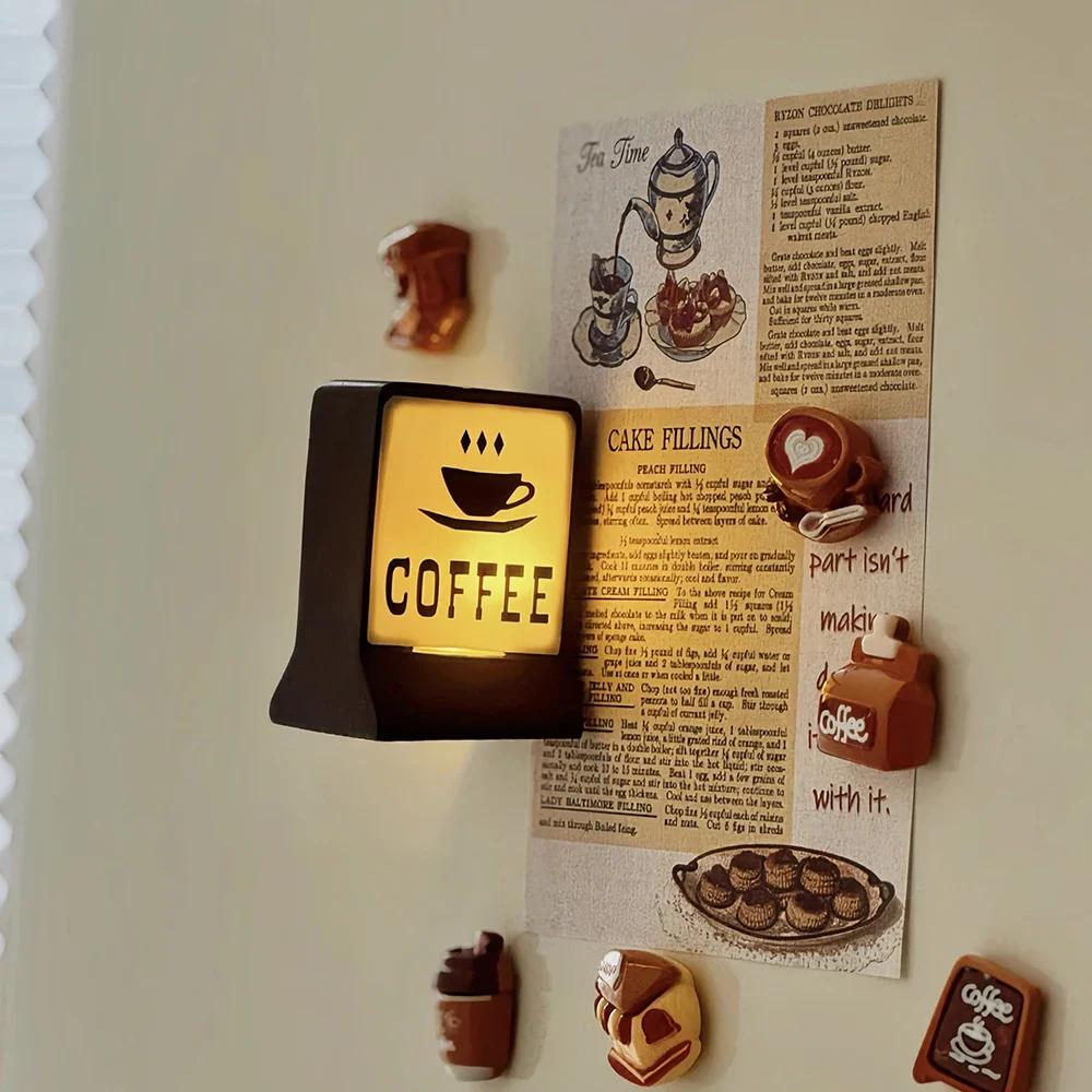 Magnetic Fridge Stickers Mini Model Coffee Shop Convenience Store Light Signs Cute Decorative Ornaments Bar Luminous Light Boxes