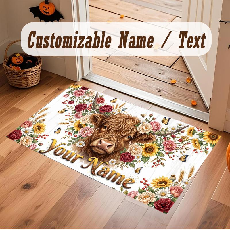 Highland Cow Theme Soft Crystal Velvet Rug Custom Name & Text Print Non Slip Floor Rug for Bedroom Living Room