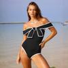 1011 European and American Swimwear New Black and White Color Matching Sweet Girl Bow One-piece Swimsuit Women's Popular Black Skirt