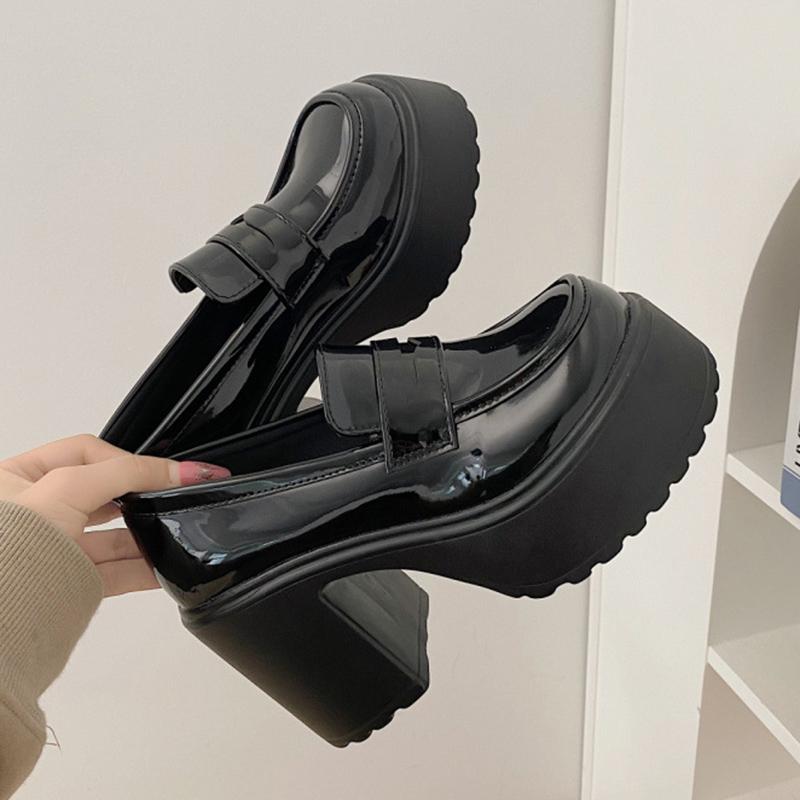 Gothic Chunky High Heels Pumps for Women 2025 Spring Patent Leather Platform Loafers Woman Black Thick Heeled Jk Lolita Shoes