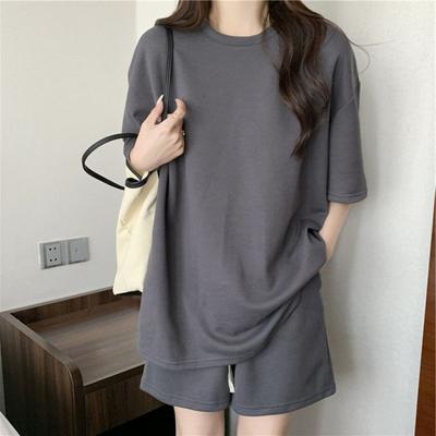 2Pcs/Set O-Neck Short Sleeve Casual Outfit Elastic Waistband Drawstring Pockets Women Solid Color T-shirt Wide Leg Shorts Set Streetwear