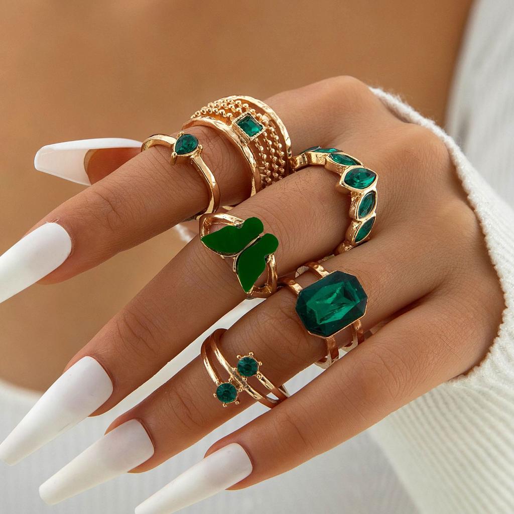 Accessories, Vintage Metal Imitation Emerald Diamond Set Love Snake Multi-piece Ring Set