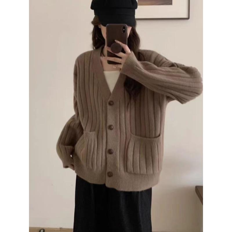 Vintage twist knitted cardigan women's autumn and winter casual lazy style loose versatile pocket sweater knitted jacket