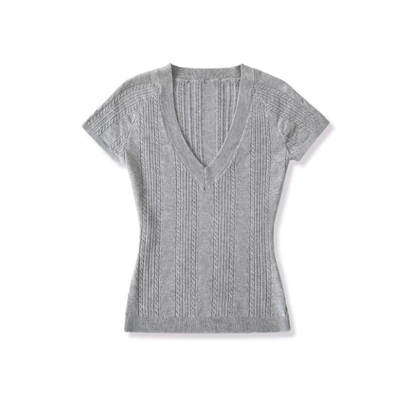 V-neck hollow short-sleeved T-shirt women's summer new American Spice Girl solid color slim-fitting knitted bottoming top