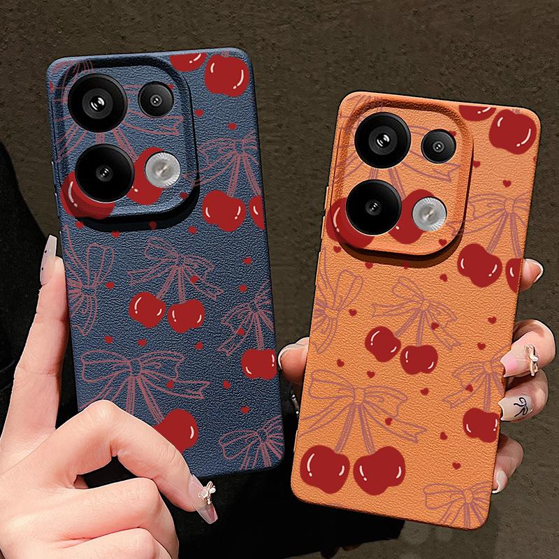 Cherry Bowknot Print Slim Soft Phone Case For Xiaomi 13T Pro Poco X7 X6 M6 Redmi 13C Note 14 13 Pro 12 11 Matte TPU Leather Texture Shockproof Cover