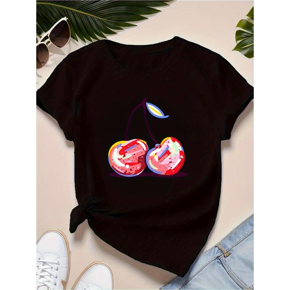Women s Casual Short Sleeve T-Shirt Black Fit Round Neck with Bright Geometric Cherry Print Harajuku Short Sleeve S
