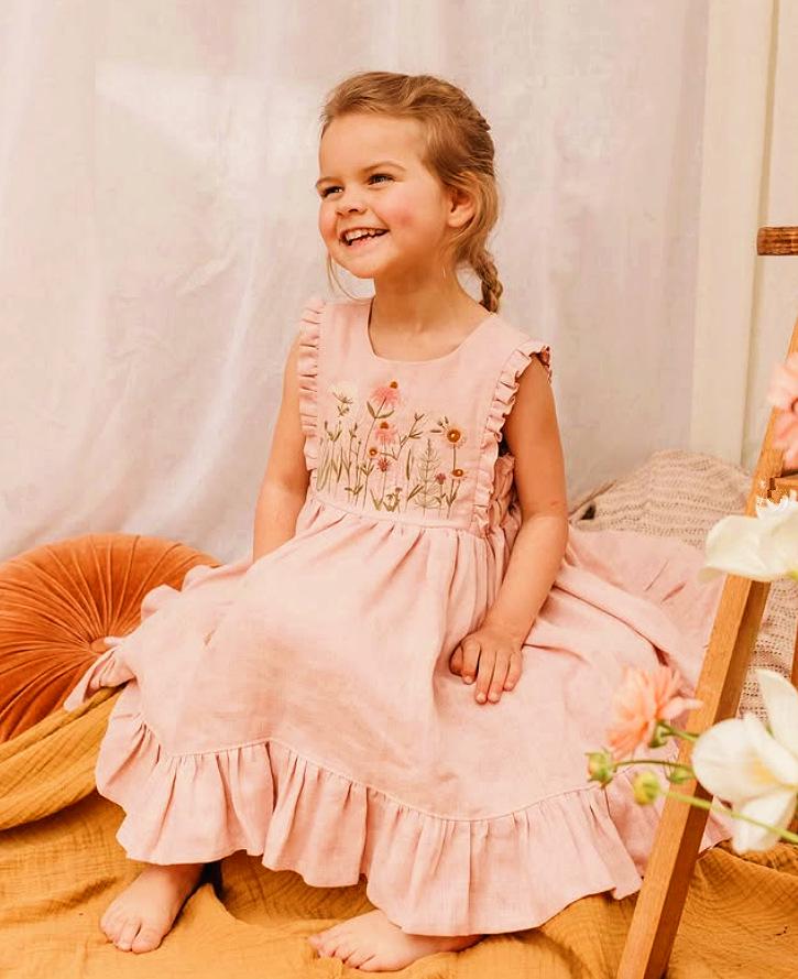 Girls' Summer Pastoral Style Ruffled Sleeve Embroidered Floral Dress