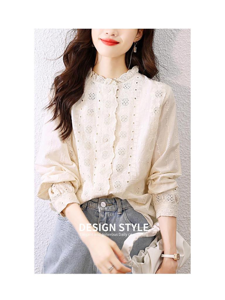 Apricot Women's Long Sleeve Shirt with Lace Trim Collar and Embroidered Flowers - Spring 2025 Design