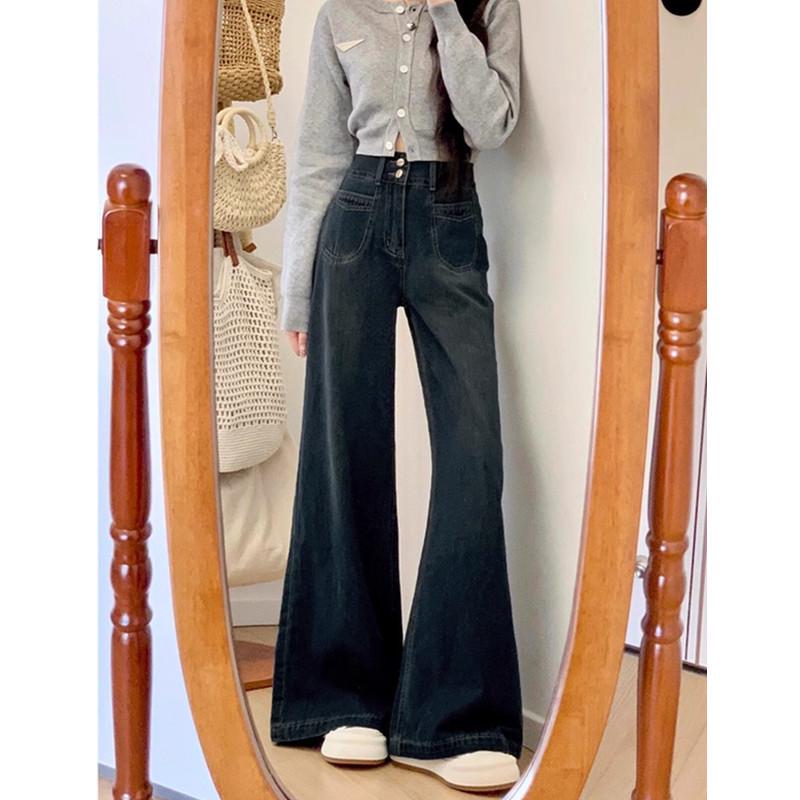 

High-Waisted Plus Size Slimming Dark Blue Wide-Leg Jeans for Pear-Shaped Figures - Spring/Autumn Trendy Long Straight Pants M
