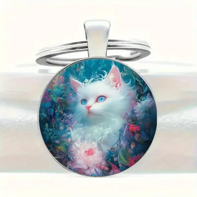 

Round Alloy Keychain Pendant with Cat Print Metal Key Ring for Bag Decoration Key Organizer Accessories One Size