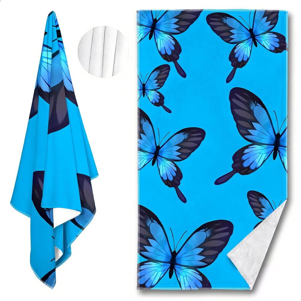 1Pc Microfiber Beach Towel Waterproof Sandproof 2D Flat Printed Blue Butterfly Summer Vacation Pool Lounge Chair Blanket Travel