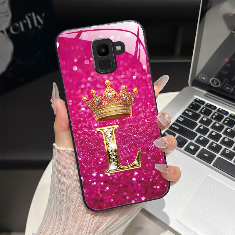 For Samsung Galaxy J6 2018 Case Fashion Letter Hard Tempered Glass Back Cover For Samsung J6 Plus J8 2018 Shockproof Phone Shell