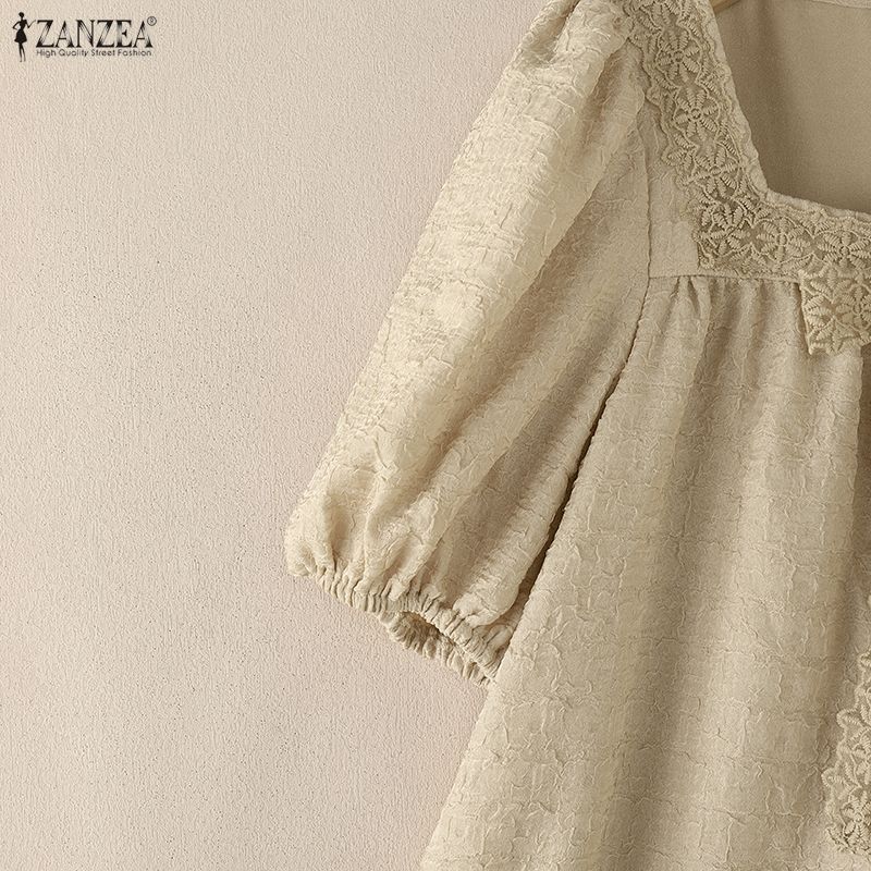 ZANZEA Women Lace Splice Square Collar Casual Short Sleeve Blouse