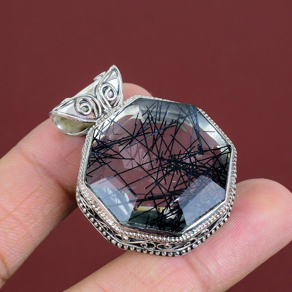 Faceted Black Rutile Pendant Vintage Gemstone Pendant 925 Sterling Silver Pendant Elegant Jewelry Handmade Brand New Pendant Gifts For Wife