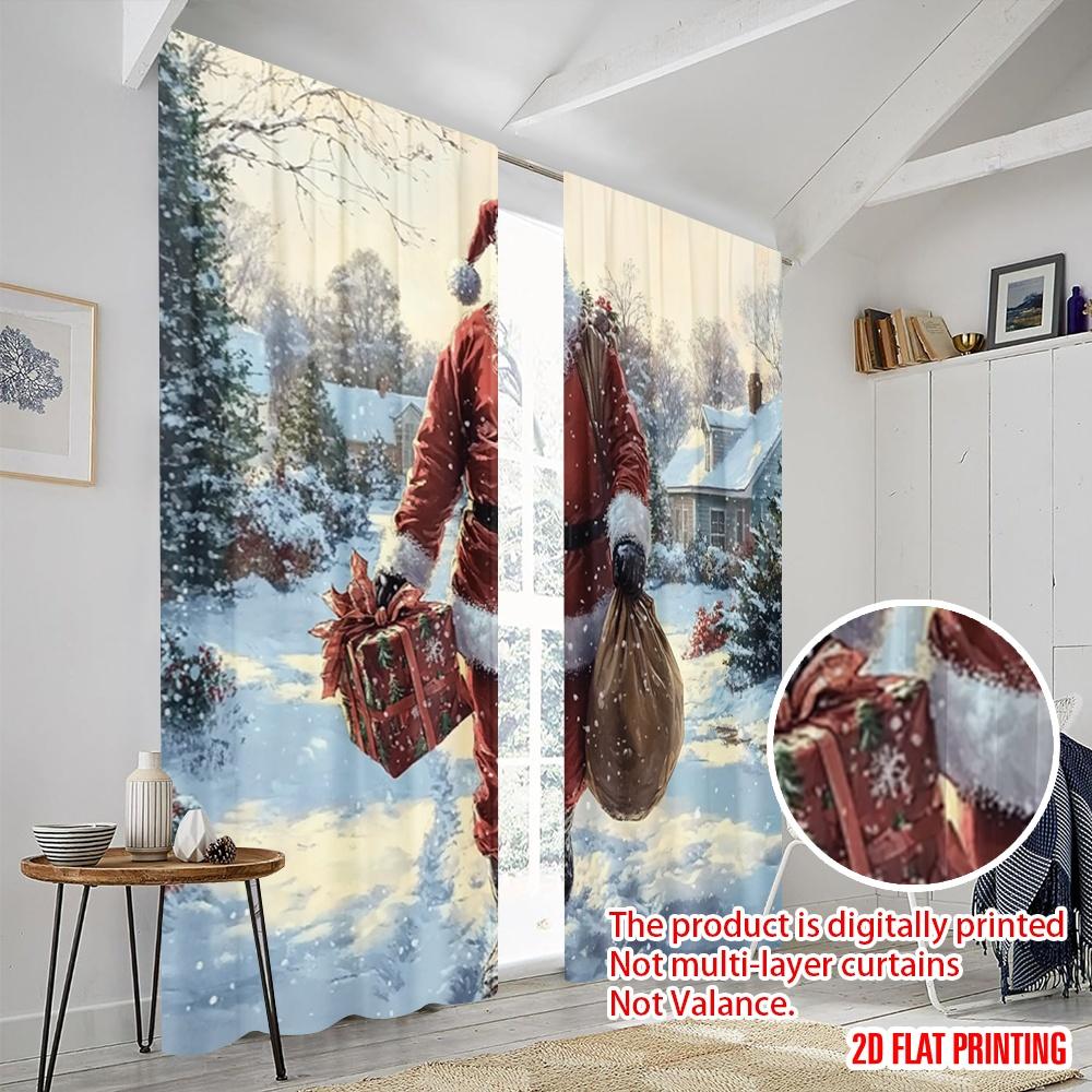 2pcs,2D plane printing Creative Curtains Santa Claus Walking Snowy Woods Gift (2) Versatile 100% Polyester (without rod)