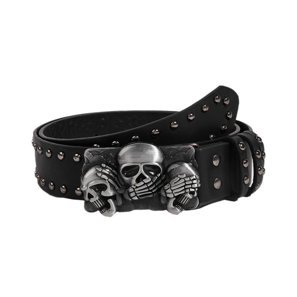 Women Punk Goth Rivet Black Jeans Unisex Men Belt Paw Skull Buckle Waistband
