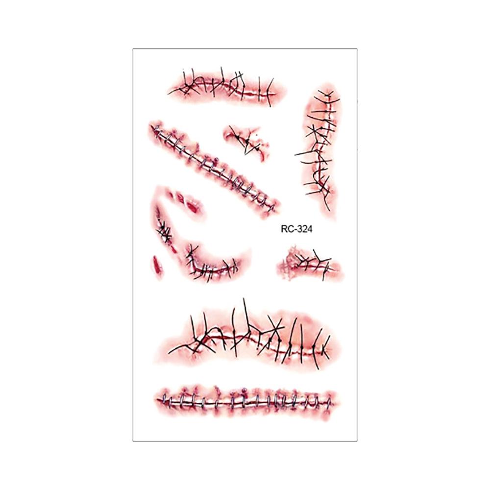 Vodotěsné Halloweenské dočasné tetovací nálepky: Realistické jizvy po krvi a noži pro hororový make-up.