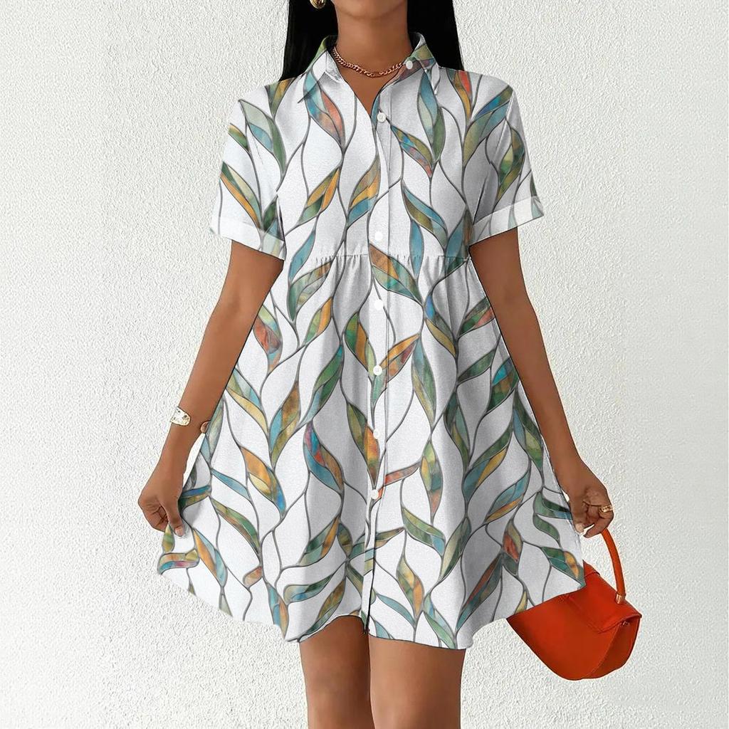 Casual Loose Fit Shirt Dress with Button Front and Stand Collar Short Sleeve Lightweight Summer Dress for Women