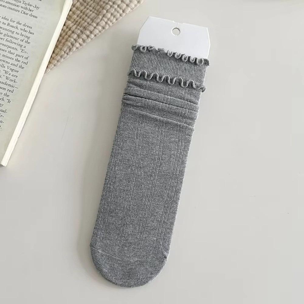 1 Pair Solid Color Ruffle Socks Vertical Stripes Korean Style Socks Comfy Frilly Socks  Daily Wear