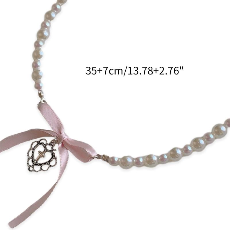 Sweet Pink Heart Necklace with Imitation Pearl Elegant Heart Cross Choker Clavicle Chain for Women Teen Fashion Jewelry