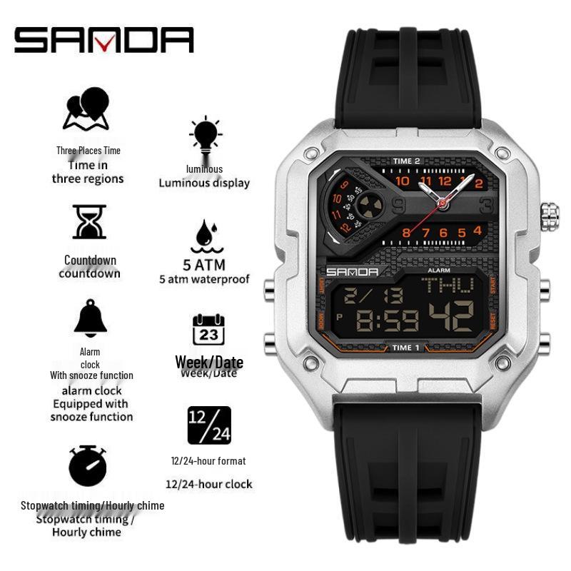 SANDA Men's Luxury Quartz Watch - Steel Band, Waterproof, Three-Time Zone, Versatile for Casual and Workplace Wear.