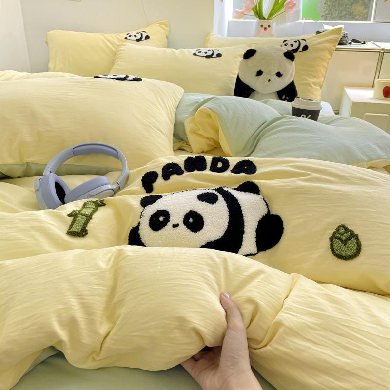 Class A bedding four-piece set solid color cotton cartoon towel embroidered quilt cover skin-friendly washed cotton student dormitory cute kit