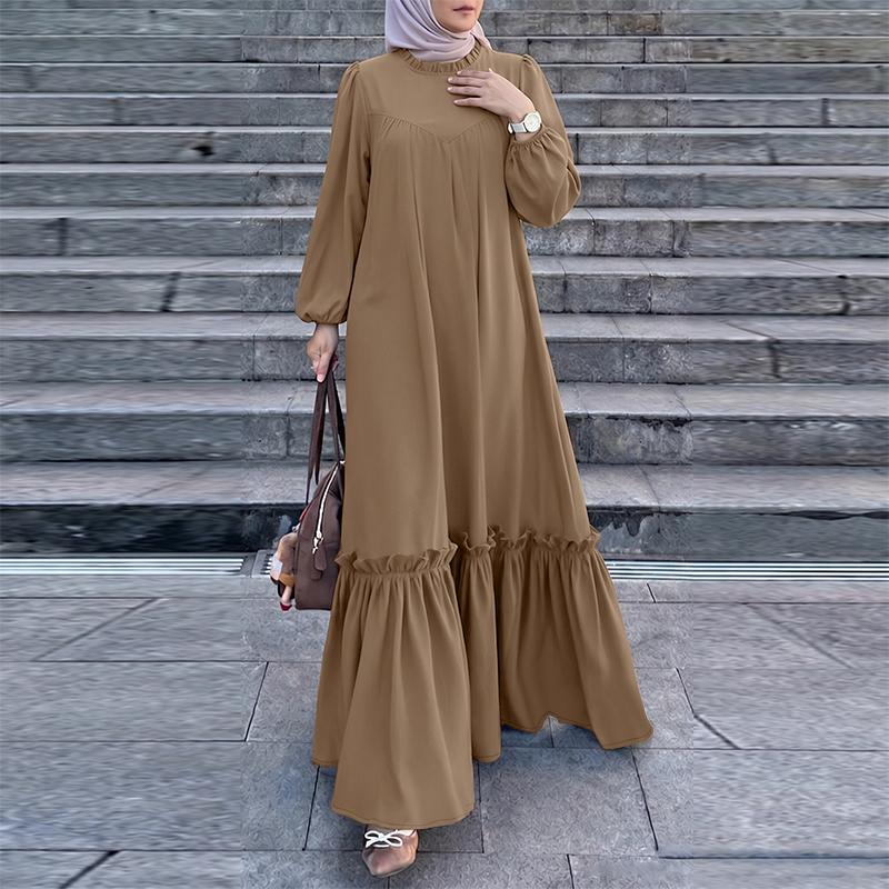 ZANZEA Women Muslim Casual Round Neck Solid Color Long Sleeve Loose Long Dress