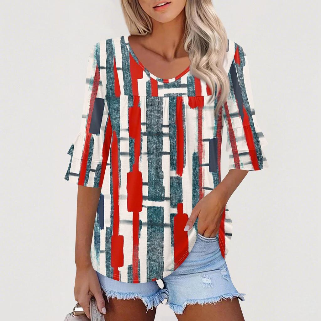 3/4 Length Sleeve Womens Tops Dressy Casual Blouses Bell Ruffle Sleeve Loose Fit Tunic Tops V Neck T Shirts