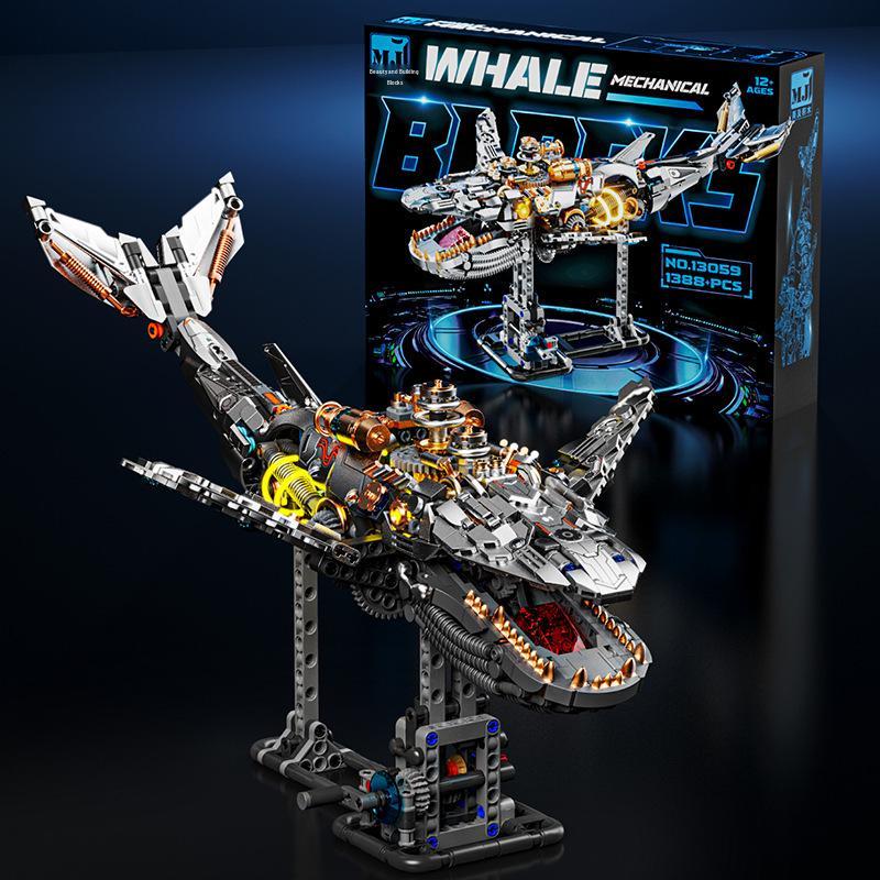 US & Japan Semi-Mechanical Shark and Movable Model Parrot Building Blocks with Lights - Punk Assembly Toy