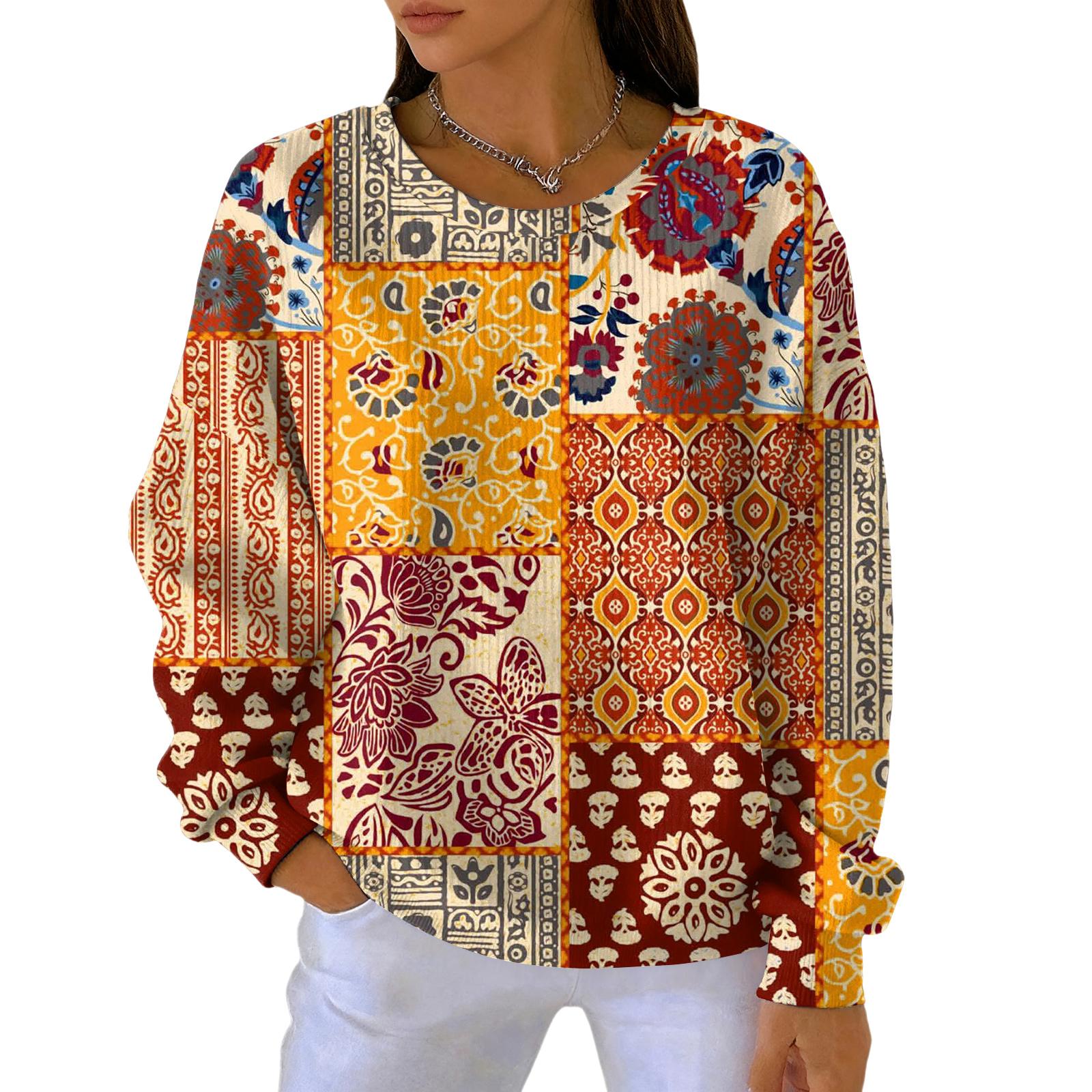 

Женский модный повседневный пуловер с градиентным винтажным принтом, спортивный топ с длинным рукавом S оранжевый