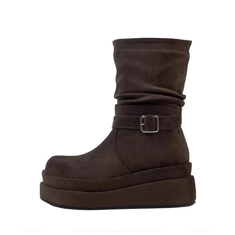 Platform Women Suede Ankle Boots Retro Mid Heels Shoes New Brand 2025 Trend Designer Classic Buckle Gladiator Winter Botas Mujer