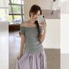 Korean High-end Temperament One-word Collar Showing Clavicle and Thin Knitted Short-sleeved Women's Summer Versatile Pure Desire T-shirt Top